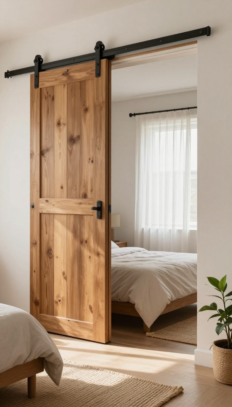 Bright bedroom with a rustic sliding barn door divider on a black metal track, partially open to reveal a cozy private nook with a neatly made bed and natural light