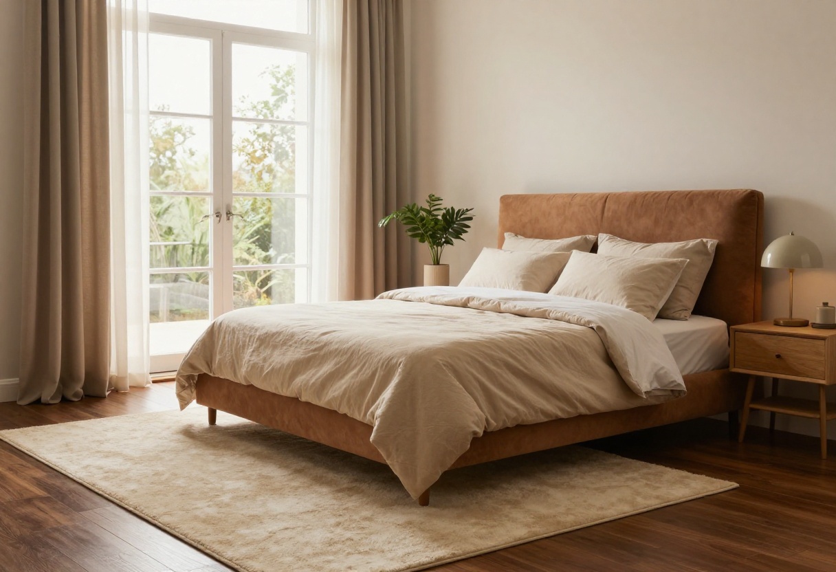 Cozy bedroom with dark wood floors, a plush rug, warm lighting, and earthy bedding.