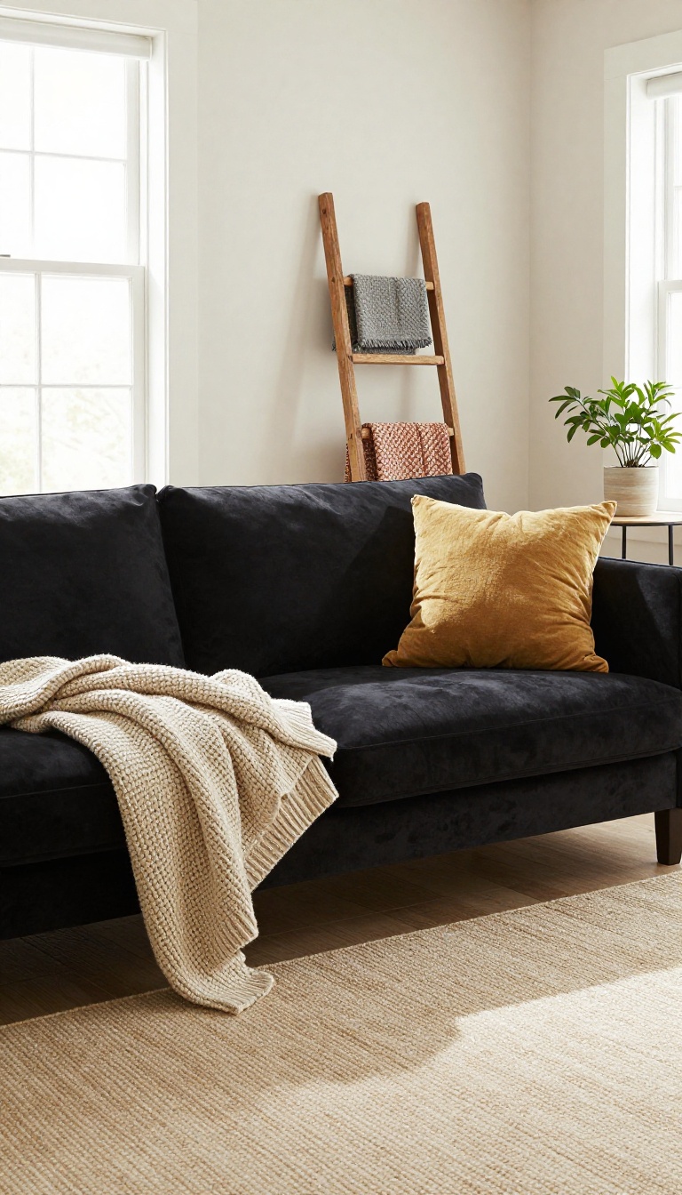 A wooden blanket ladder with folded textured throws leaning against a light wall next to a black couch in a bright living room.