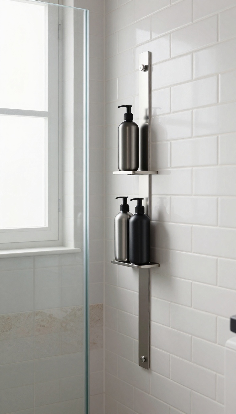 A magnetic strip in a shower holding metal bottles, showing an organized and modern bathroom storage solution
