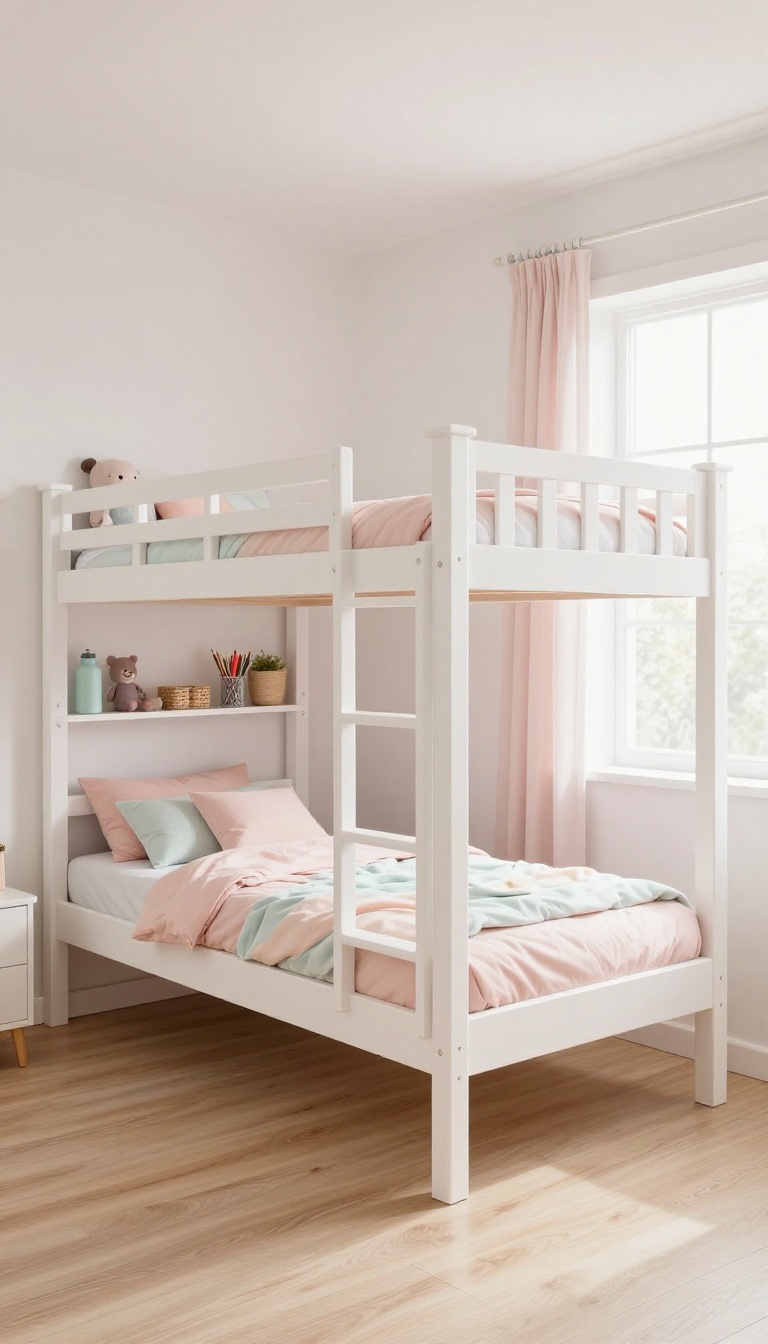 Bright girls' shared bedroom with a white bunkbed featuring built-in shelves along the side rail and above the lower bunk, styled with books, baskets, and stuffed animals in soft pastel tones.