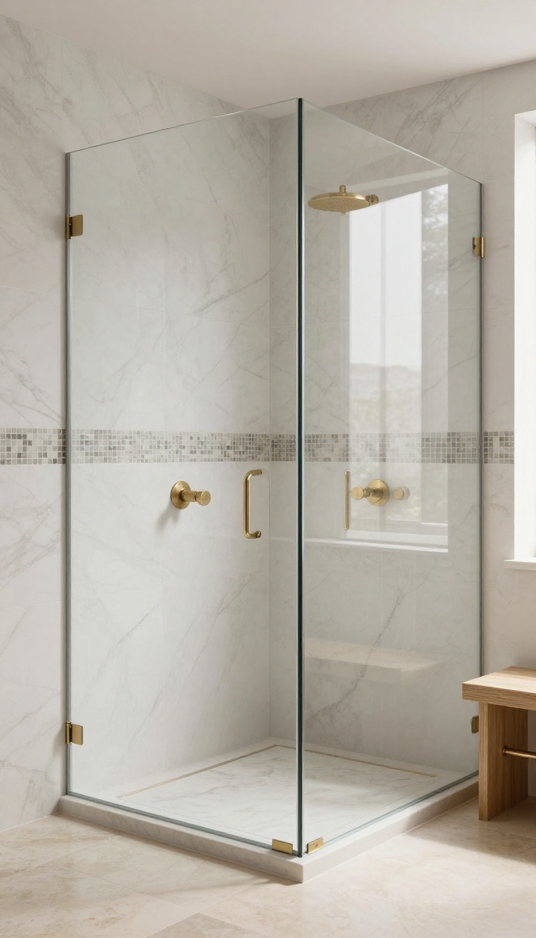 Walk-in shower with large white marble tiles and a slim horizontal marble mosaic accent strip in soft gray tones