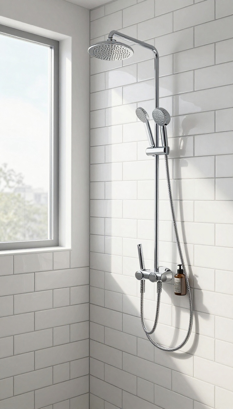 Modern shower with white subway tiles stacked vertically and charcoal grout for a custom look