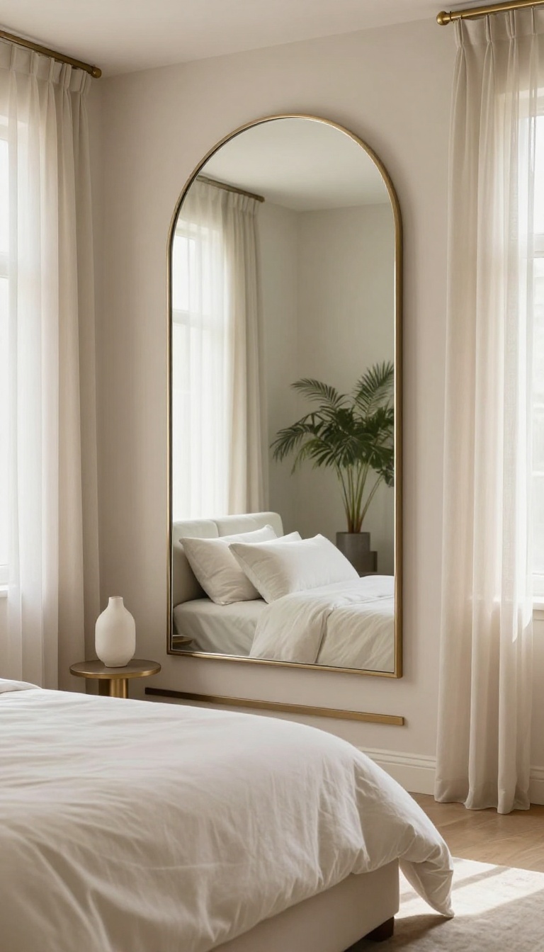 Elegant luxury bedroom with an oversized arched mirror above the bed acting as a focal point, bright natural light and neutral tones