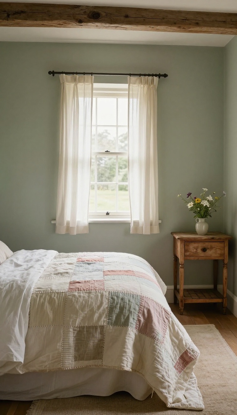 Vintage patchwork quilt layered over white linen bedding in a sunlit English cottage bedroom with a wooden nightstand and wildflowers