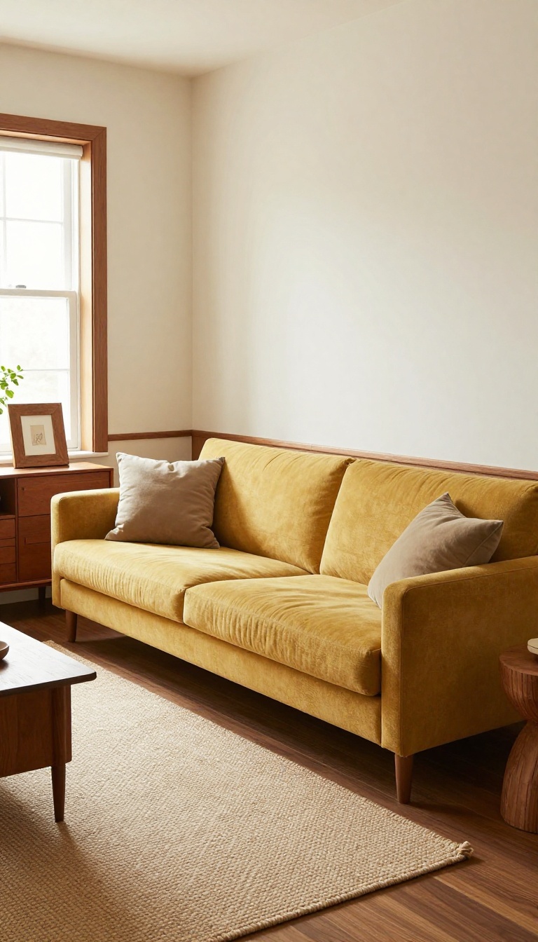 Mustard yellow sofa paired with brown wood trim, window frame, and vintage sideboard in a bright warm living room