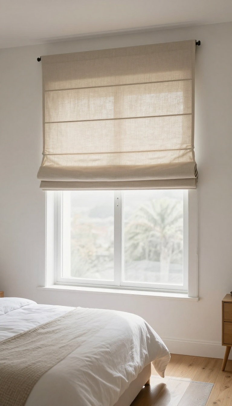 Layered bedroom window with blackout Roman shades and neutral side panels letting in soft natural light