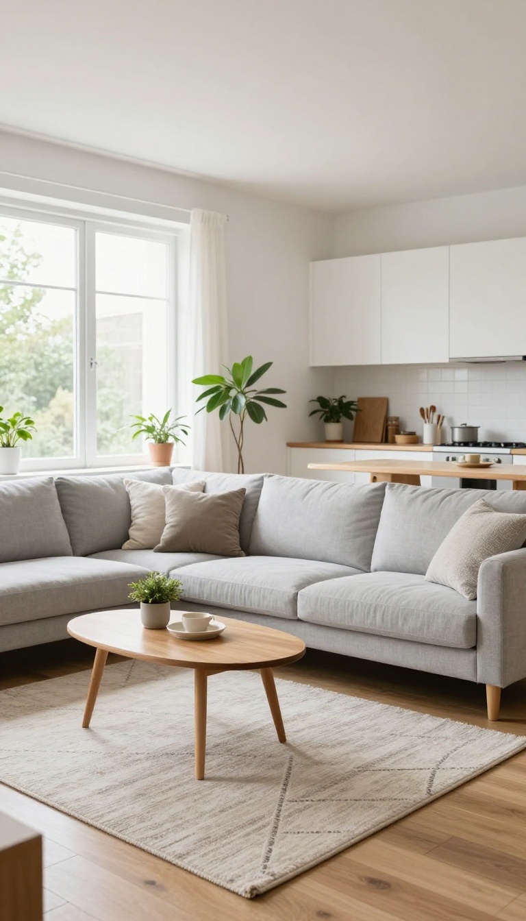 Bright small open-plan living room and kitchen with a large neutral area rug defining the sofa seating zone under natural light