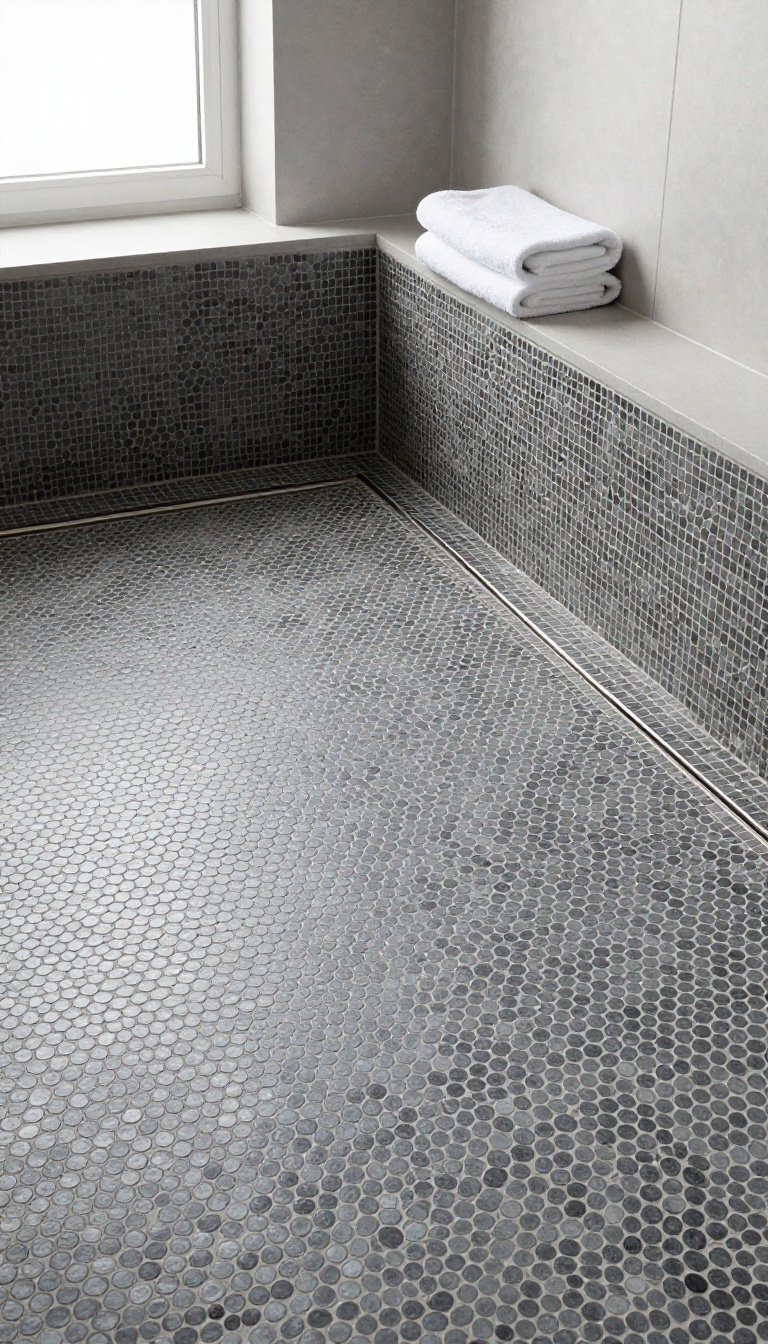 Close-up of a gray penny round mosaic tile shower floor with dense grout lines and a gentle slope toward a linear drain in bright natural light