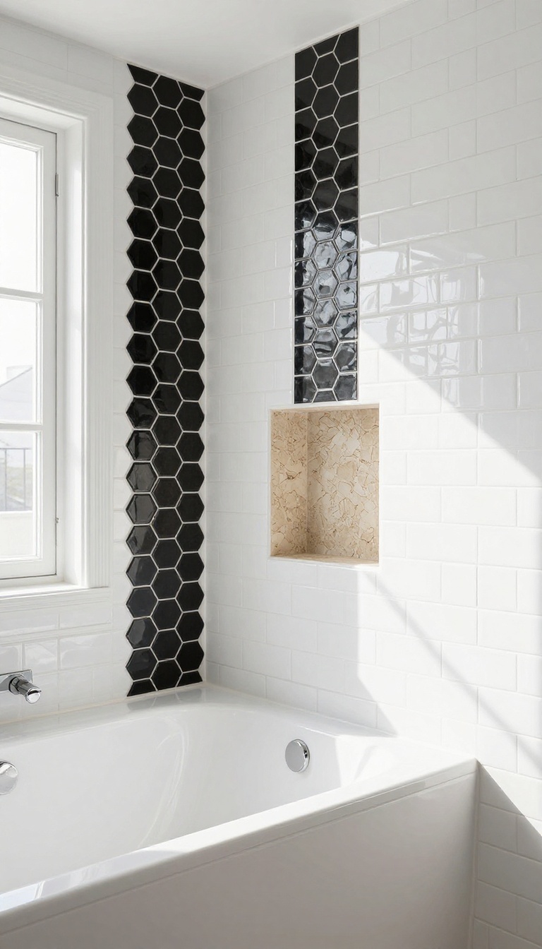 Bathroom tub surround with white subway tiles, a black hexagon accent strip, and a travertine niche.