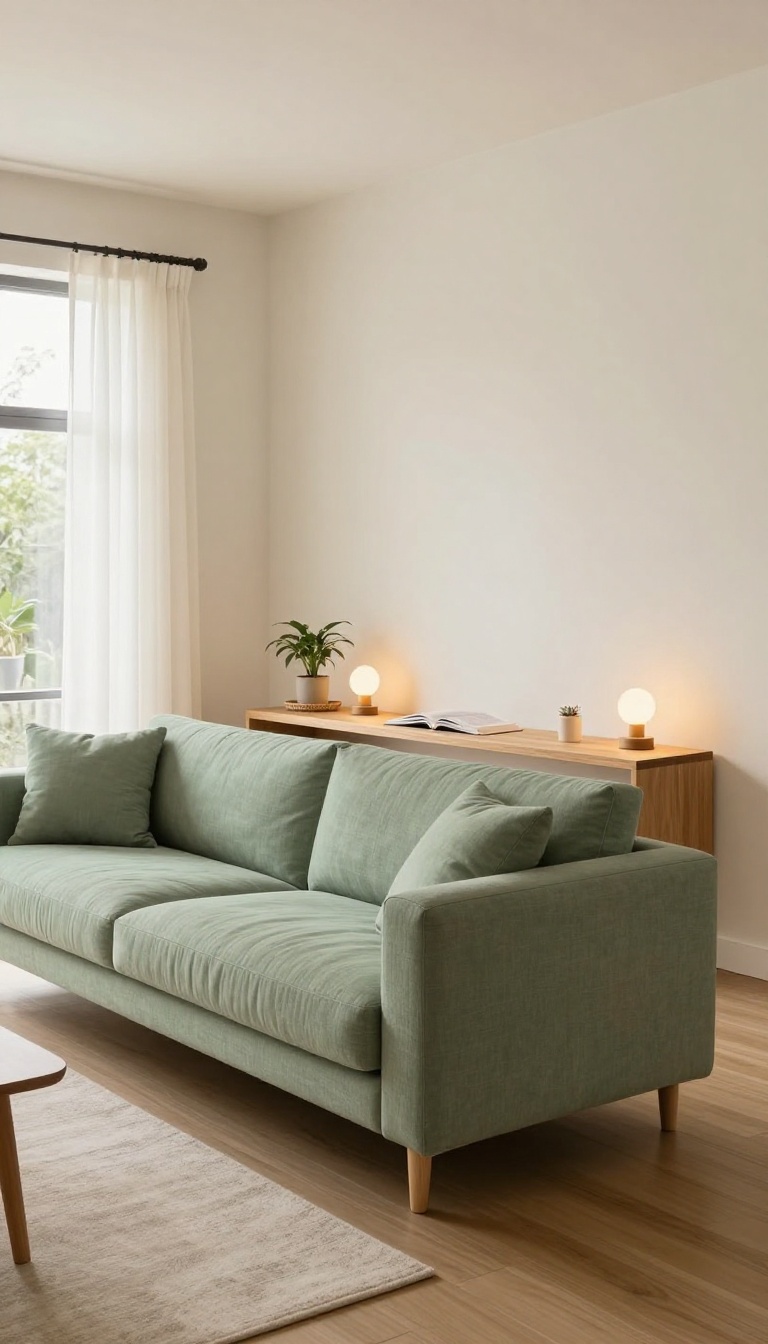 Slim console table with two lamps placed behind a floating sofa in a bright open plan living room, dividing the seating area from the dining space