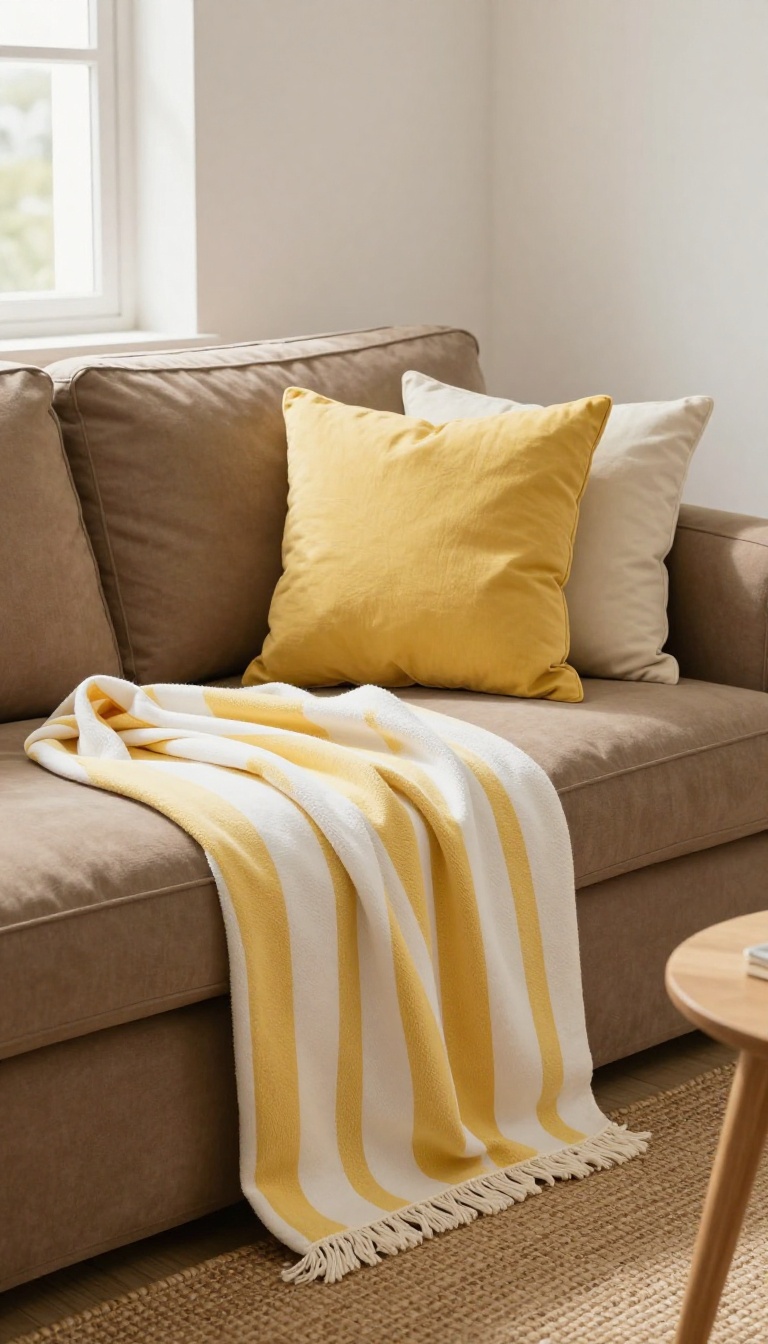 Brown slipcover sofa styled with a yellow and white striped throw draped over one arm, solid yellow and cream pillows, jute rug, and wood side table in bright natural light