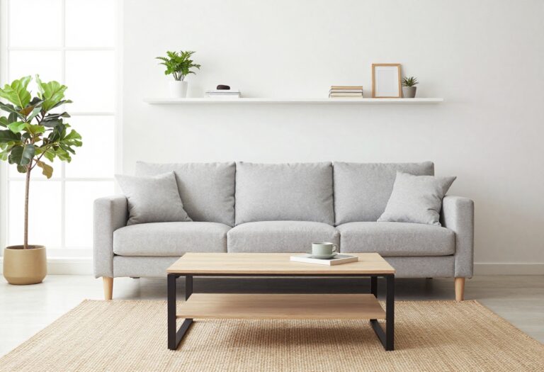 Small living room with space-saving furniture including a sectional, nesting tables, and floating shelves