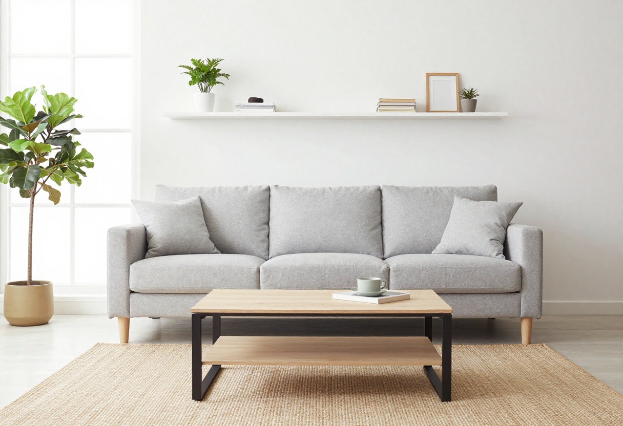 Small living room with space-saving furniture including a sectional, nesting tables, and floating shelves