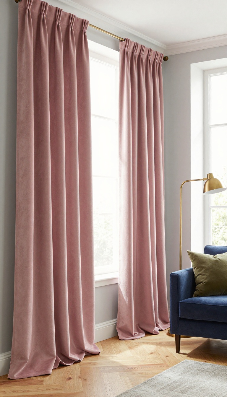 Dusty blush pink velvet curtains in a bright living room with gray walls, oak floors, and brass accents