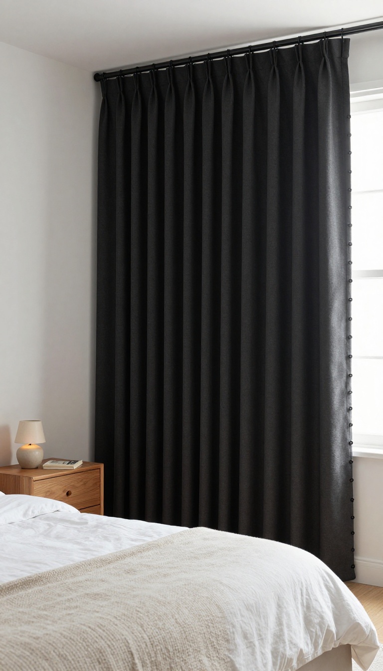 Blackout curtain edge sealed to the wall with small magnetic clips in a bright, tidy bedroom