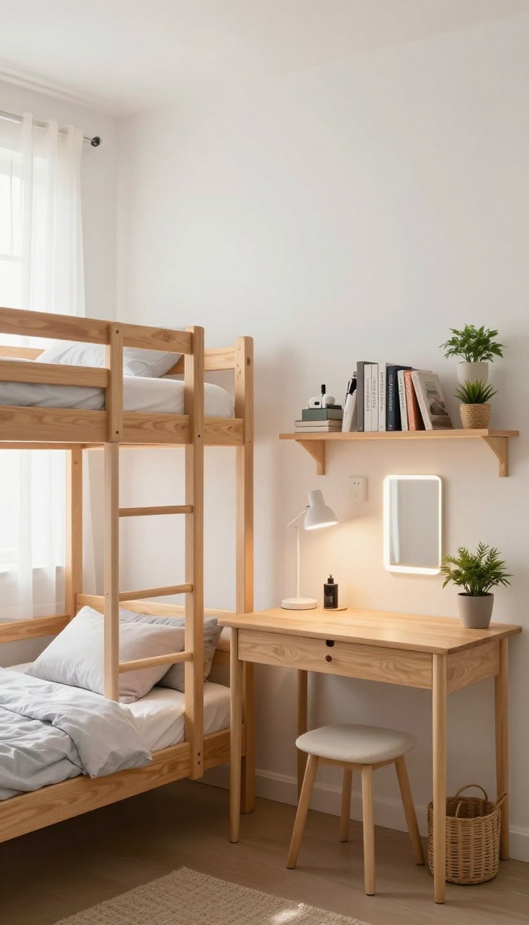 Bright shared girls' bedroom with a bunk bed and a slim desk with floating shelves and a stool on the opposite wall