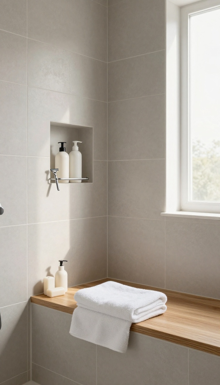 Modern tiled shower with a built-in bench seat and a recessed niche above holding toiletries