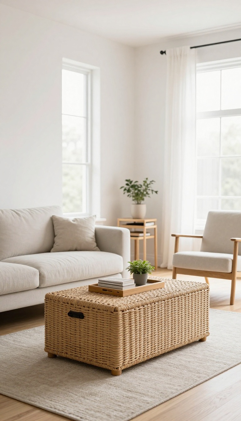 Bright open concept living room with a woven storage ottoman, a sofa bed, and nesting tables arranged for flexible everyday use