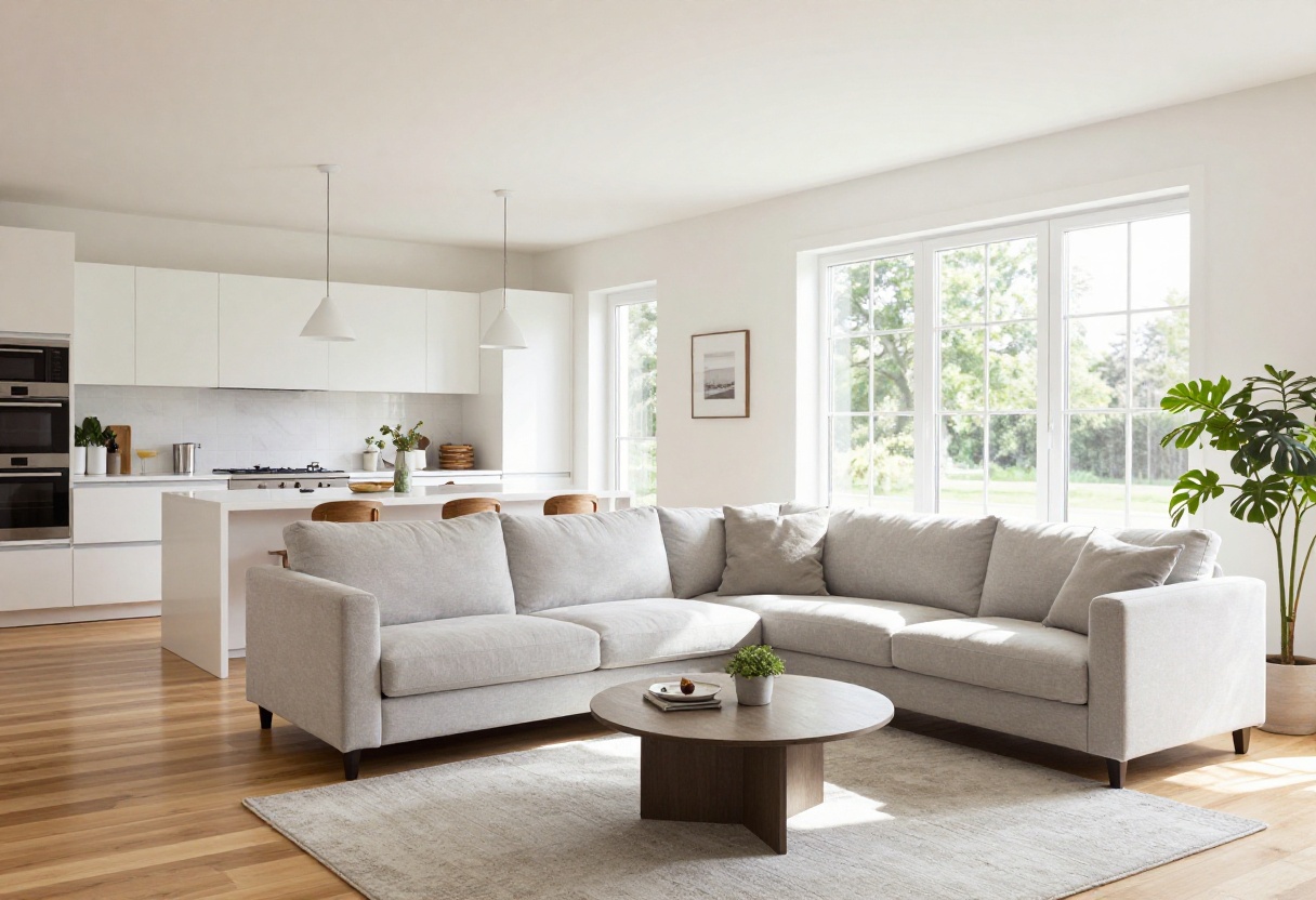 Small living room with open kitchen, featuring a gray sofa, round coffee table, and pendant lights over an island.