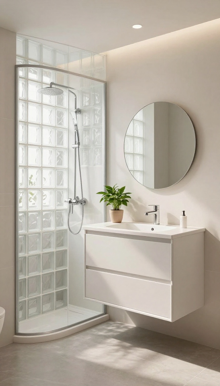 A small corner shower with a glass block wall that lets in light while maintaining privacy, in a bright, modern bathroom.