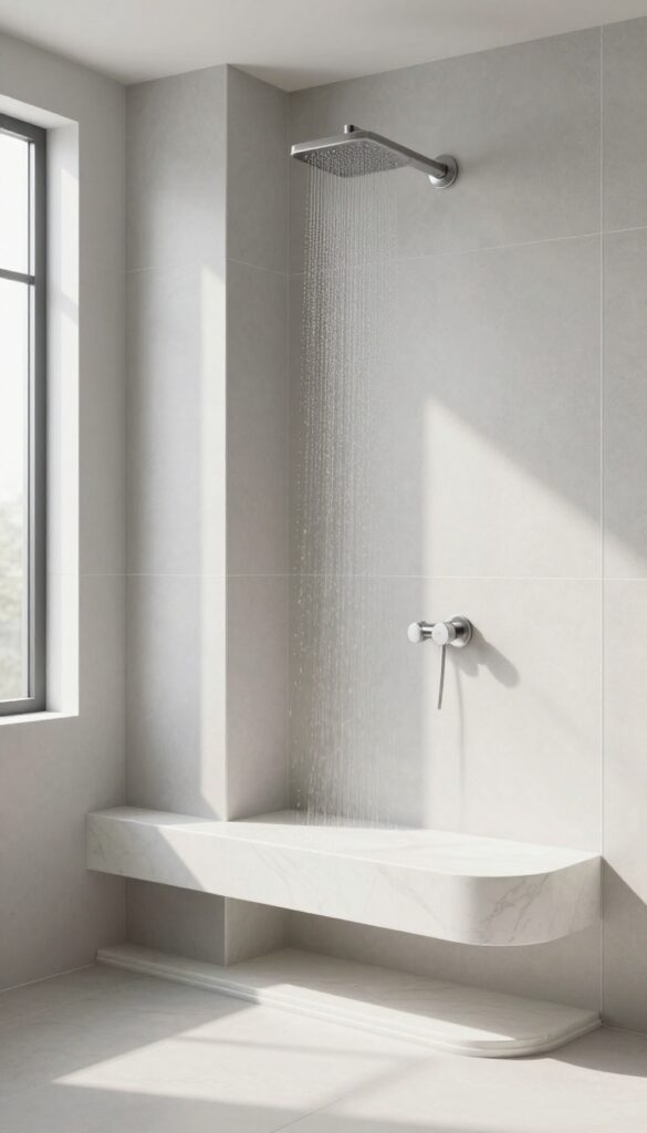 Modern shower with a curved built-in bench, white stone, large-format tiles, bright natural light, clean and polished design.